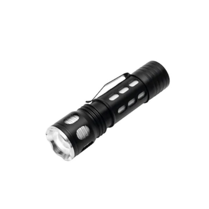 CREE LED фенерче с висока, ниска и мигаща яркост, тежкотоварен метален корпус, опция за фокусиране, 3 x AAA работа в батерия, компактен дизайн, черен