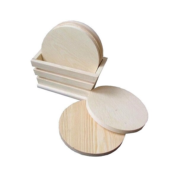Set 5 suportui pahare din lemn rotund + suport