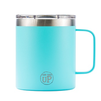 Cana termos inox premium pentru cafea, ceai, ZenThisUp, 355 ml, Turquoise, cu maner, perete dublu vidat, capac cu slider magnetic Cana termos inox premium pentru cafea, ceai, ZenThisUp, 355 ml, Turquoise, cu maner, perete dublu vidat, capac cu slider magnetic