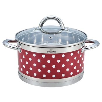 Oala din inox cu buline Bohmann, diametru 26cm, 7.3L, 14.5cm inaltime, capac sticla termorezistenta, manere inox Oala din inox cu buline Bohmann, diametru 26cm, 7.3L, 14.5cm inaltime, capac sticla termorezistenta, manere inox