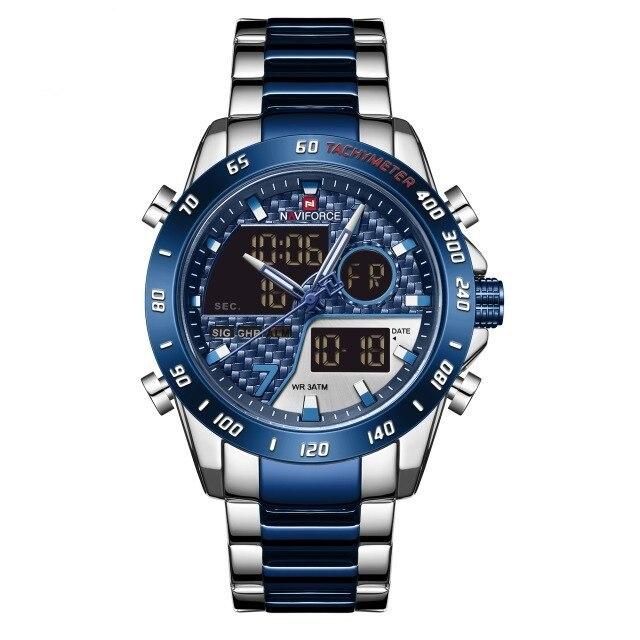 Ceas barbatesc NaviForce, Otel inoxidabil, Analog, Digital, Quartz, 3 ATM, Business, Elegant, Casual, Cronograf, Cronometru, Alarma, Lumina fundal, Indici luminosi, Argintiu albastru