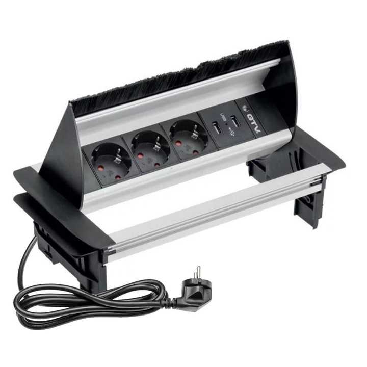 Priza incastrabila dreptunghiulara cu perii, 3 prize schuko + 2 USB 5V 2.1A, cablu 1.5m, aluminiu, GTV