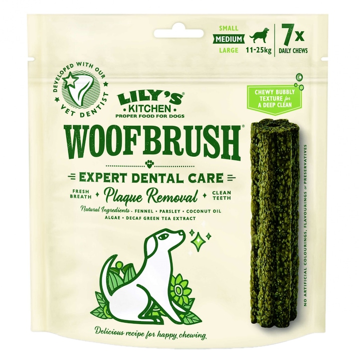 Lily's Kitchen Woofbrush Jutalomfalat, közepes kutyáknak, természetes fogászati kutyarágó, 7 csomag, 196 g