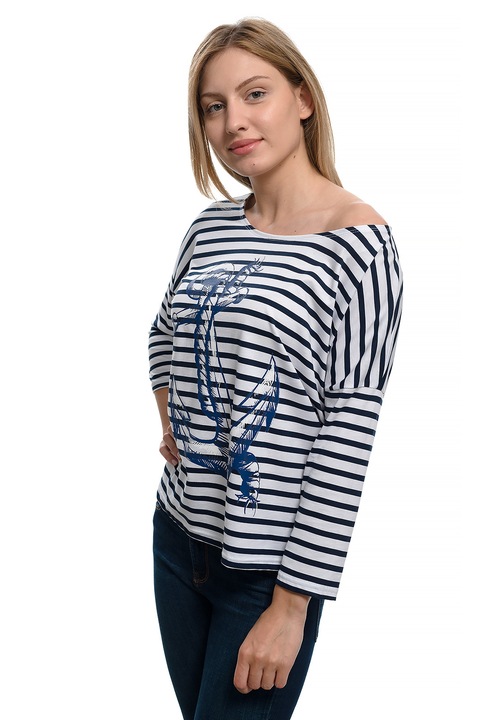 Printex női blúz, tengerész, hosszú ujjú, váll nélkül, horgony, sötétkék/fehér