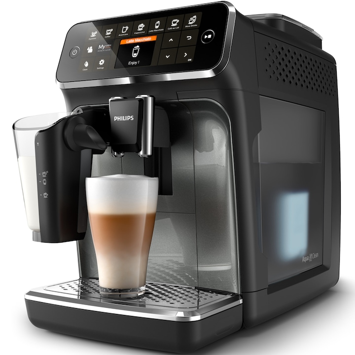 Кафеавтомат Philips Seria 4300 EP4349/70, 15 bar, 1500 W, Система за мляко LatteGo, 8 напитки, Дигитален TFT дисплей, Филтър AquaClean, Керамична мелничка, Опция смляно кафе, Функция MEMO 2 профила, Черен