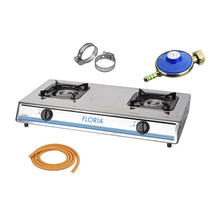 Pachet - Aragaz 2 Ochiuri, Inox, 70 x 37cm, GPL + 2m furtun + 2 coliere + Ceas pentru butelie