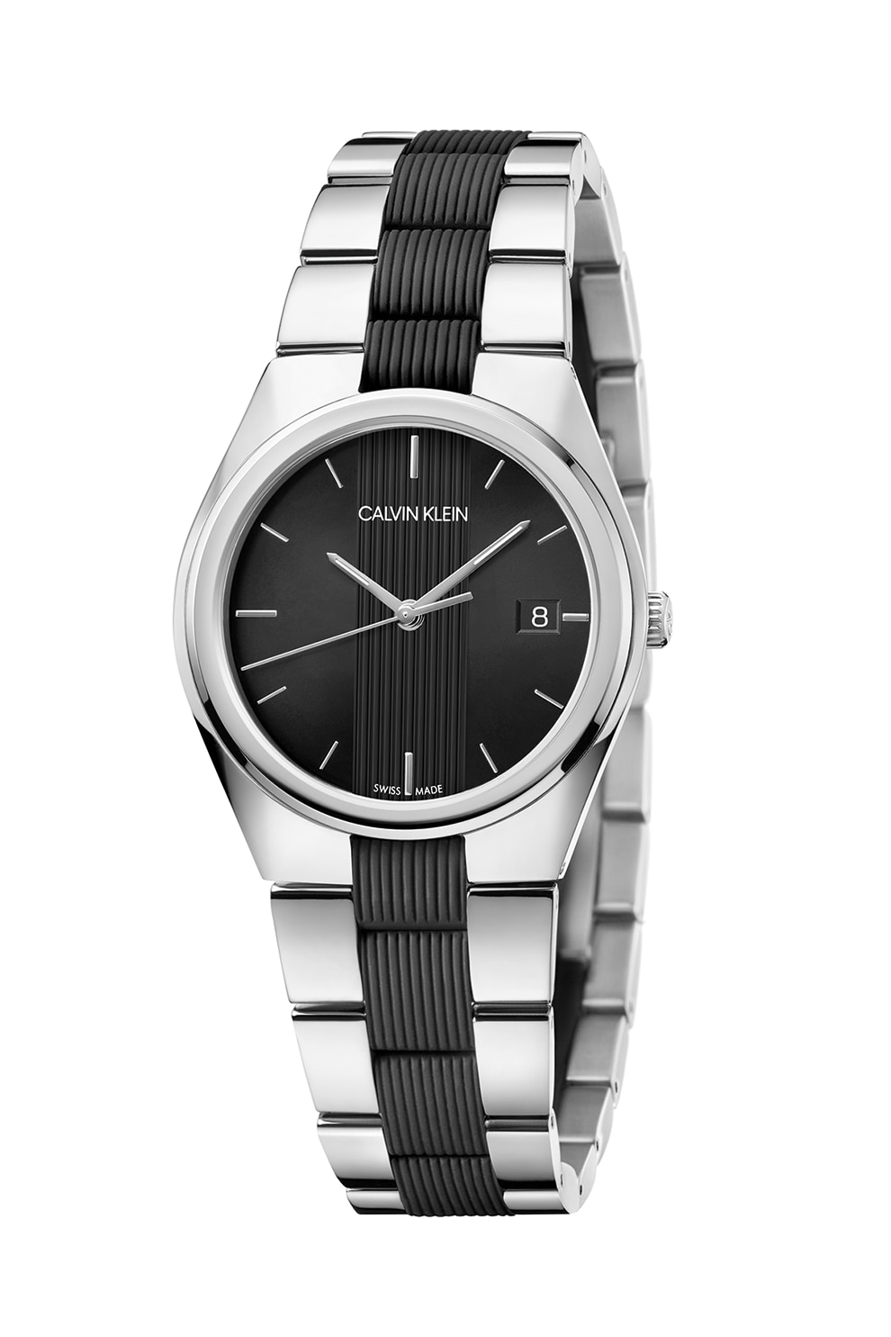 CALVIN KLEIN, Ceas quartz cu bratara din otel inoxidabil si silicon, Argintiu/Negru
