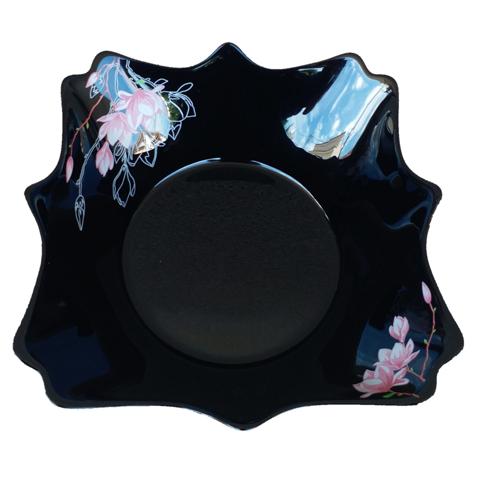 Bol mare negru opal,patrat,19cm,decor floral magnolie