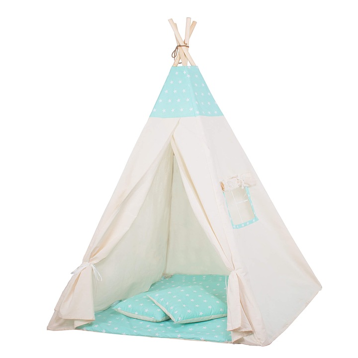 Cort de joaca pentru copii, Teepee, bumbac amestec imprimat menta