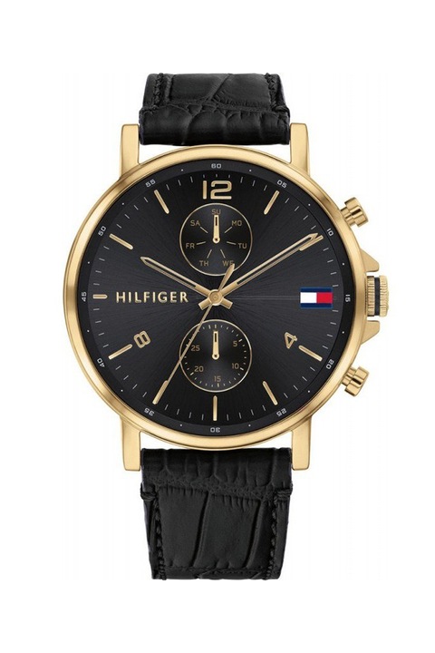 Tommy Hilfiger, Ceas multifunctional cu o curea de piele, Negru