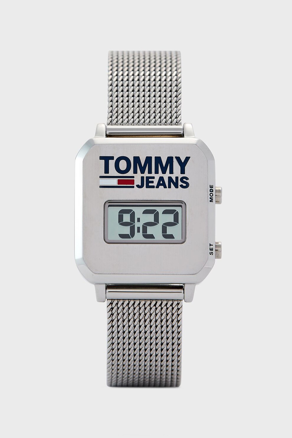 Tommy Hilfiger, Ceas digital cu bratara cu model tip plasa, Argintiu