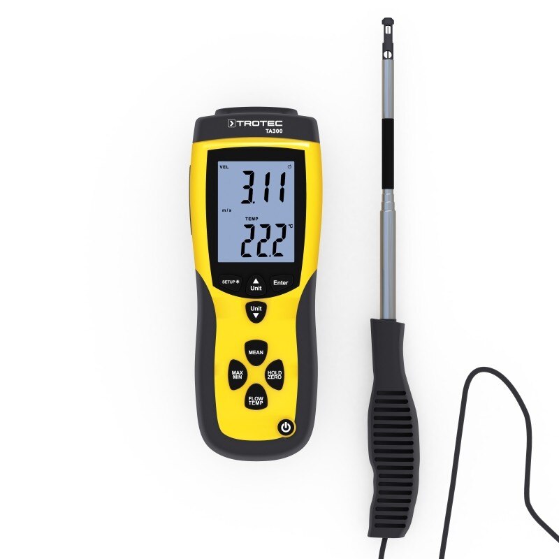 Anemometru profesional TROTEC TA300, aparat profesional cu fir cald pentru masurare precisa a vitezei aerului, temperaturii aerului si volumului curentului de aer, Include certificat de calibrare