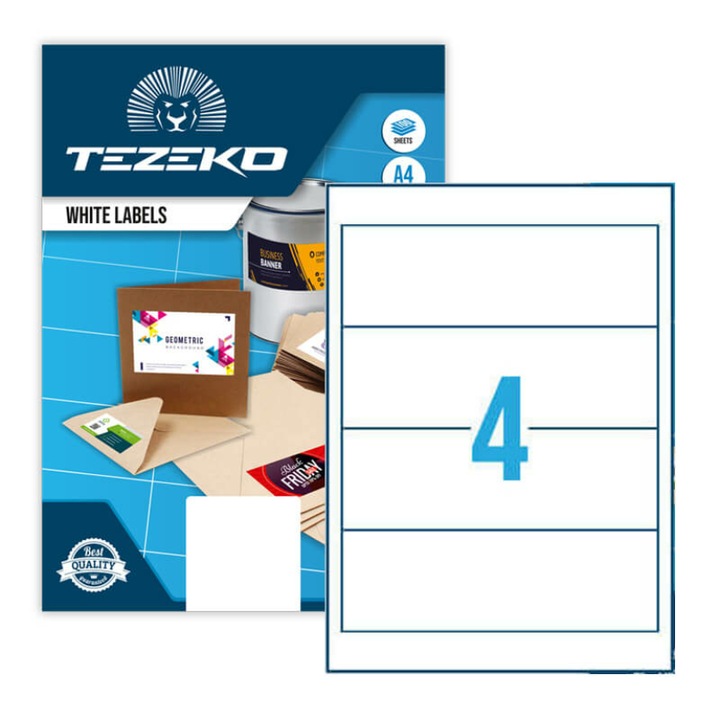 192,5*62 mm Tezeko A4 íves etikett címke, fehér színű (100 ív/doboz)