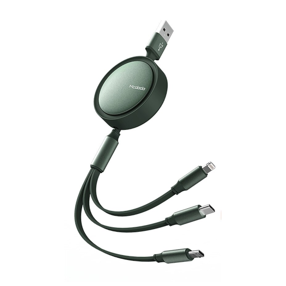 Cablu retractabil 3 in 1 McDodo CA-725, Fast Charging, microUSB/Type-C/Lightning, Plat, Verde