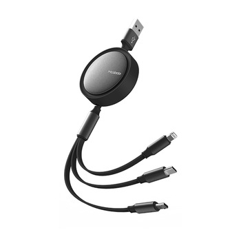 Cablu retractabil 3 in 1 McDodo CA-725, Fast Charging, microUSB/Type-C/Lightning, Plat, Negru Cablu retractabil 3 in 1 McDodo CA-725, Fast Charging, microUSB/Type-C/Lightning, Plat, Negru