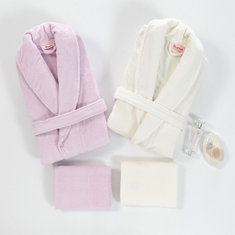 Set Complet Halate + Prosoape Baie Dilay , culoare lila + crem