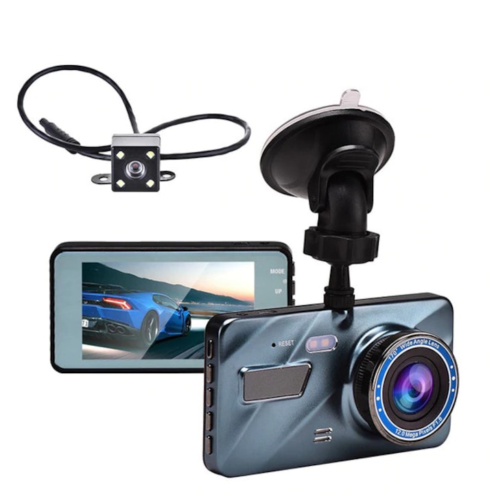 Камера на aвтомобил / видеорегистратор Seametal DVR 1296P, Full HD 4 инча, G сензор, нощен изглед, ъгъл на снимане 170 °, можете да записвате едновременно отпред и отзад