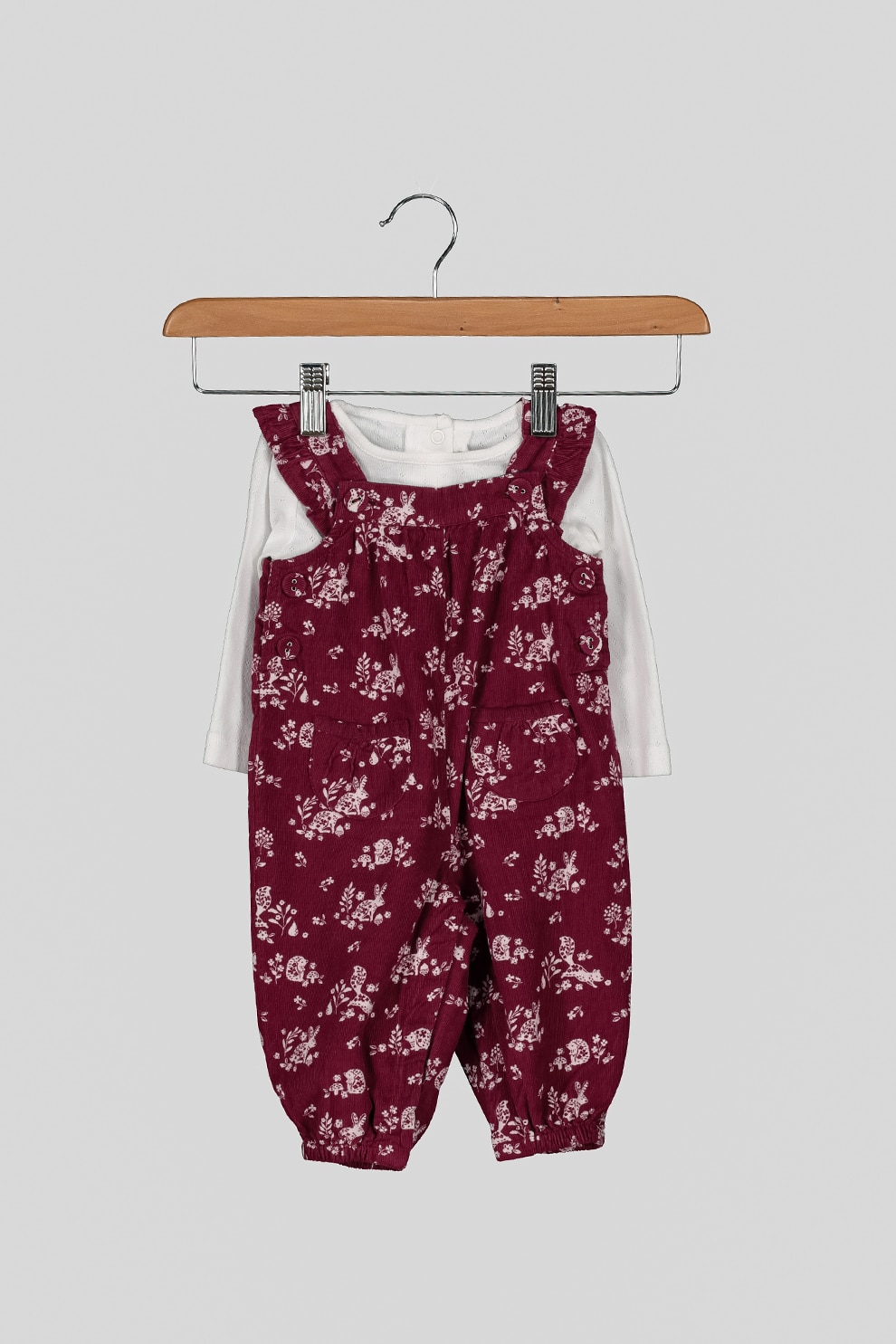 Jojo Maman Bebe, Set 2 piese cu salopeta si bluza, fete, cu imprimeu floral si animalute, Multicolor, Multicolora, 92 CM