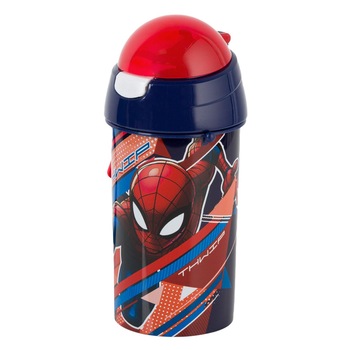 Sticla pentru copii, Zola®, din plastic, cu pai, 500 ml, Spiderman Sticla pentru copii, Zola®, din plastic, cu pai, 500 ml, Spiderman