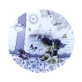 Farfurie sticla adanca rotunda, cu desen lavanda, 30 cm Farfurie sticla adanca rotunda, cu desen lavanda, 30 cm
