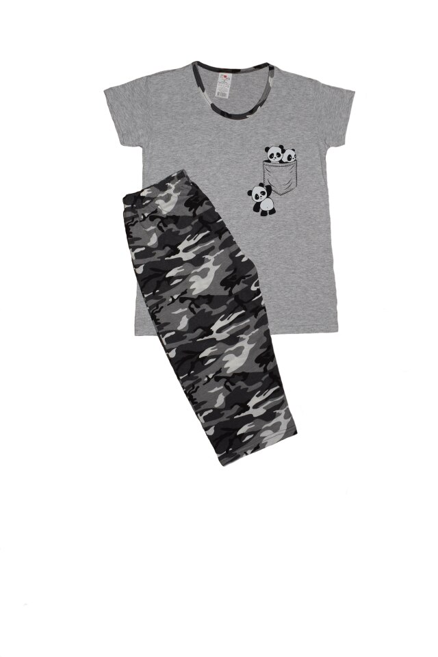 Pijama dama marca SERENA cu pantalon 3/4 si bluza cu maneci scurte cu imprimeu PANDA, Gri/Negru