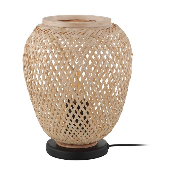 Veioza vintage DEMBLEBY, EGLO, E27, 1x40W, otel, negru, lemn, natur, 25 x 20 cm, intrerupator pe fir