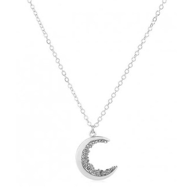 Colier de dama, cu medalion luna cu cristale, din aliaj argintiu