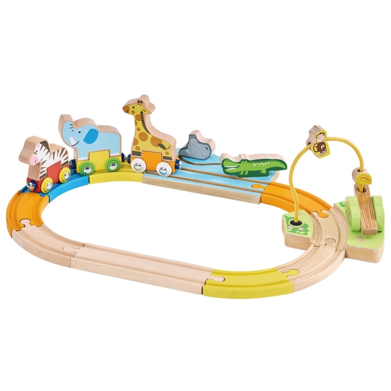 Trenulet de lemn, Imaginarium, Safari Chu-cu-chu, animalute din jungla, din lemn, Multicolor, 18 - 36 luni