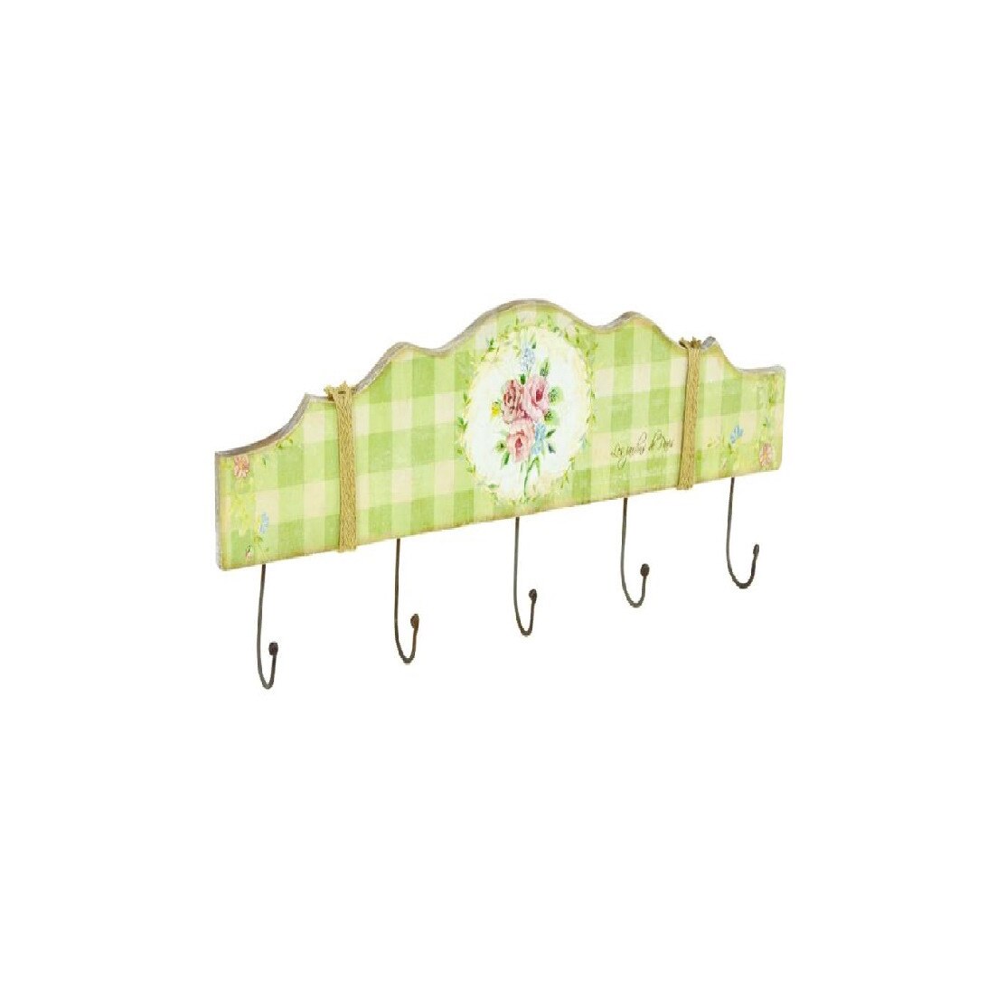 Cuier lemn decorat cu flori si patratele, Poem, model vintage, cu 5 agatatori