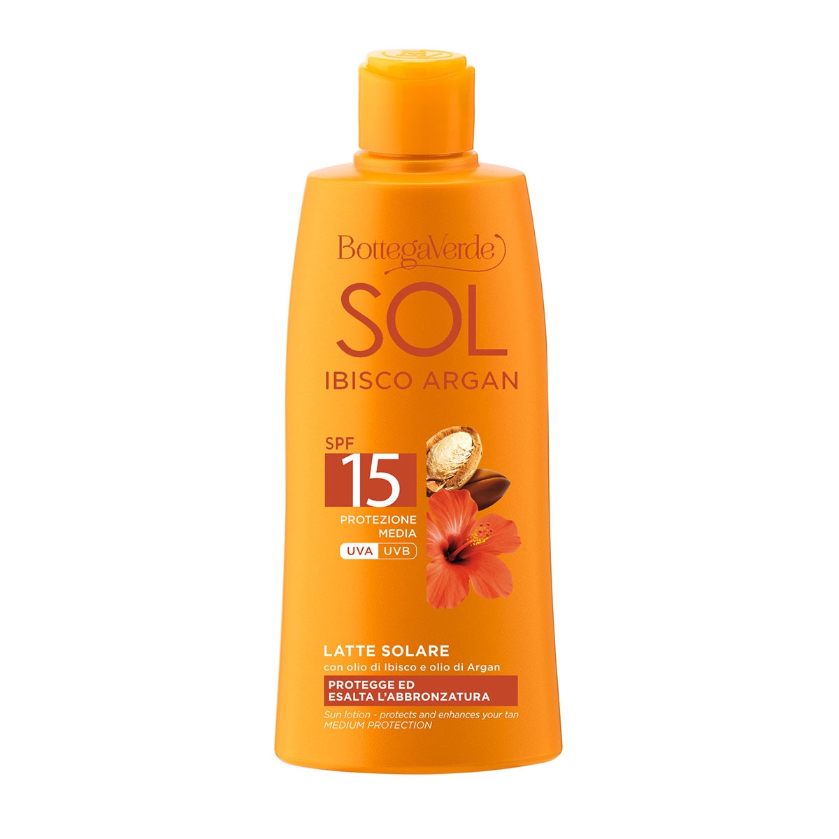 Lapte pentru corp, protejeaza si ajuta la intensificarea bronzului, cu ulei de hibiscus si cu ulei de argan, SPF 15 - Sol Ibisco Argan, 200 ML, Bottega Verde