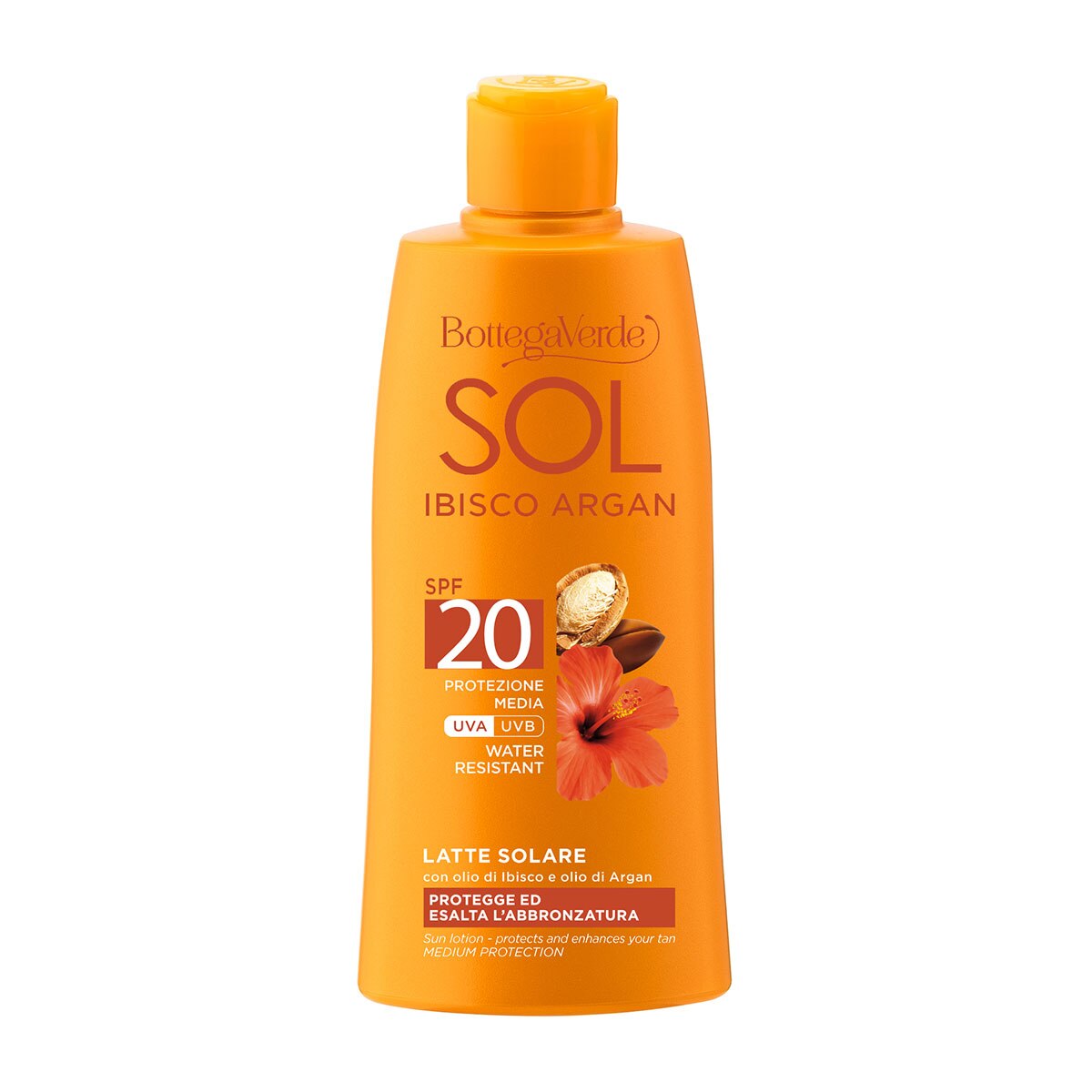 Lapte protectie solara, rezistent la apa, cu ulei de Hibiscus si Argan, SPF 20 - Sol Ibisco Argan, 200 ML, Bottega Verde