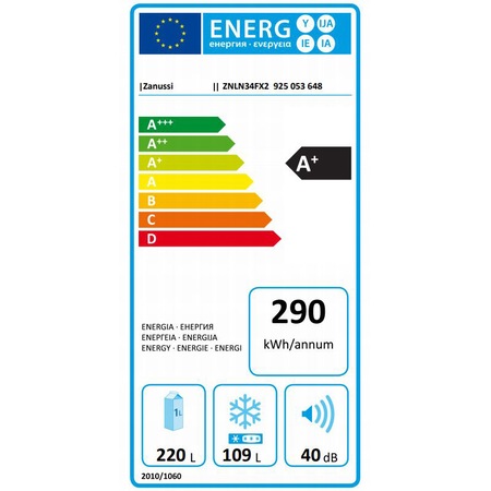 Combina frigorifica Zanussi ZNLN34FX2, 329 l, Clasa F, H 185 cm, Inox antiamprenta