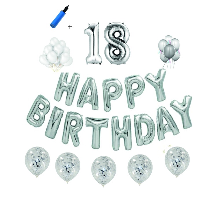 Set complet baloane Happy Birthday, 18 ani, Argintiu
