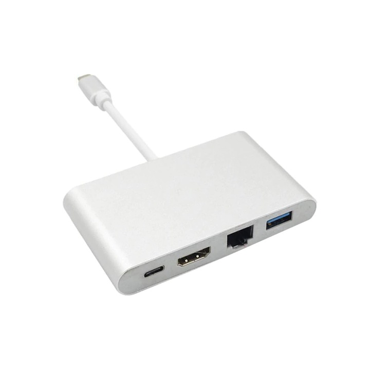 Adaptor Metalic Type C Laptop MTP 4 in 1 la RJ45, USB 3.0, HDMI, Type C
