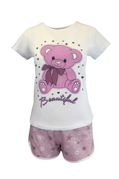 Pijama dama, Univers Fashion, bluza alba cu imprimeu ursulet, pantaloni scurti roz cu imprimeu stele, marime XL Pijama dama, Univers Fashion, bluza alba cu imprimeu ursulet, pantaloni scurti roz cu imprimeu stele, marime XL