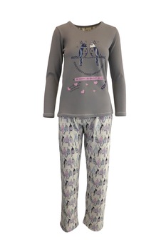 Pijama dama, Univers Fashion, bluza gri inchis cu imprimeu 'be happy, be bright, be you', pantaloni gri deschis cu imprimeu pasari Pijama dama, Univers Fashion, bluza gri inchis cu imprimeu 'be happy, be bright, be you', pantaloni gri deschis cu imprimeu pasari