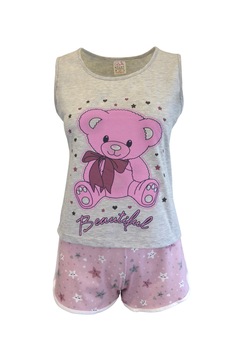 Pijama dama, Univers Fashion, maiou gri cu imprimeu ursulet, pantaloni scurti roz cu imprimeu stele Pijama dama, Univers Fashion, maiou gri cu imprimeu ursulet, pantaloni scurti roz cu imprimeu stele