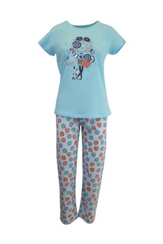 Pijama dama, Univers Fashion, bluza albastru cu imprimeu feta si pisica, pantaloni albastru deschis cu imprimeu pisici, marime XL Pijama dama, Univers Fashion, bluza albastru cu imprimeu feta si pisica, pantaloni albastru deschis cu imprimeu pisici, marime XL