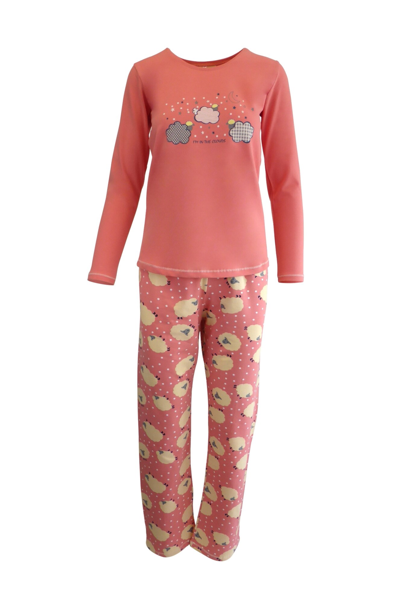 Pijama dama, Univers Fashion, bluza corai cu imprimeu nori si stele, pantaloni corai cu imprimeu oite