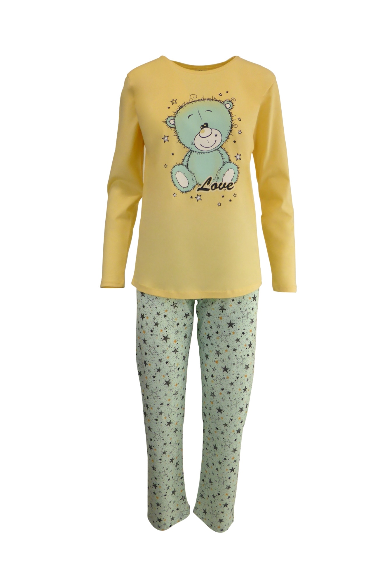 Pijama dama, Univers Fashion, bluza galben cu imprimeu ursulet, pantaloni verde deschis cu imprimeu stele, marime XL