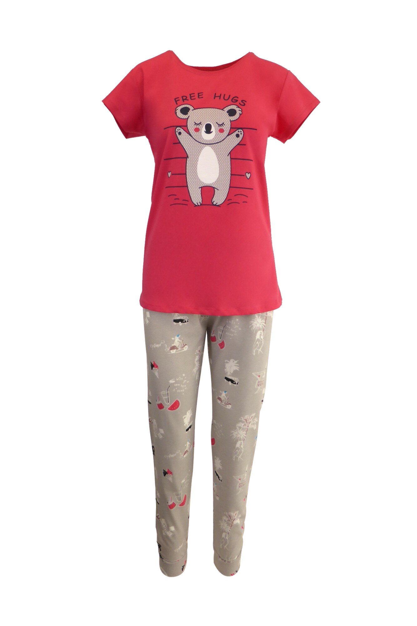 Pijama dama, Univers Fashion, bluza fucsia cu imprimeu ursulet, pantaloni gri deschis cu imprimeu, marime 2XL