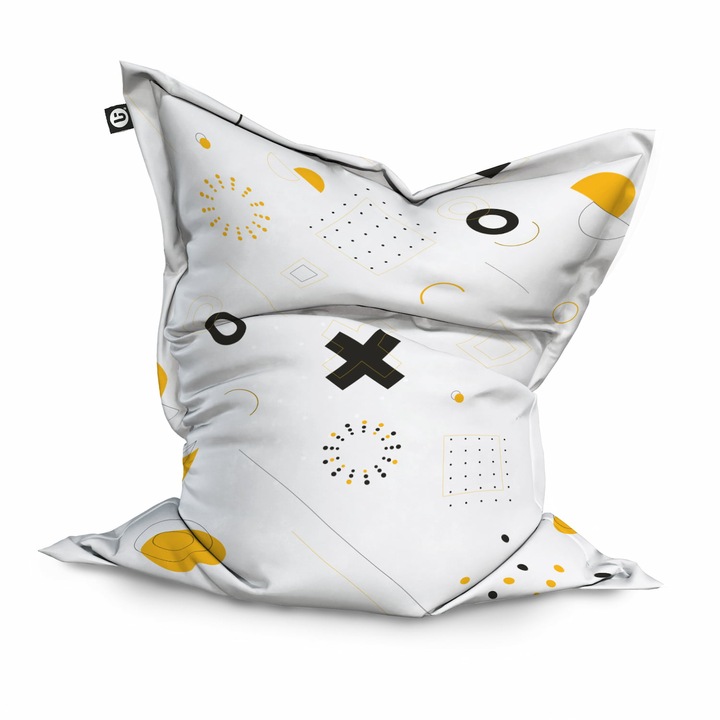 Fotoliu Updeco Puf Bean Bag tip Perna, impermeabil, indoor/outdoor, sac interior, 115 x 150 x 25 cm, Memphis alb cu galben