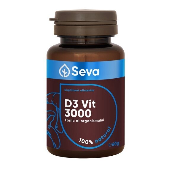D3 Vit 3000, Seva, Supliment Alimentar recomandat pentru Mentinerea Sanatatii Sistemului Osos, Muscular si Imunitar, 60 comprimate