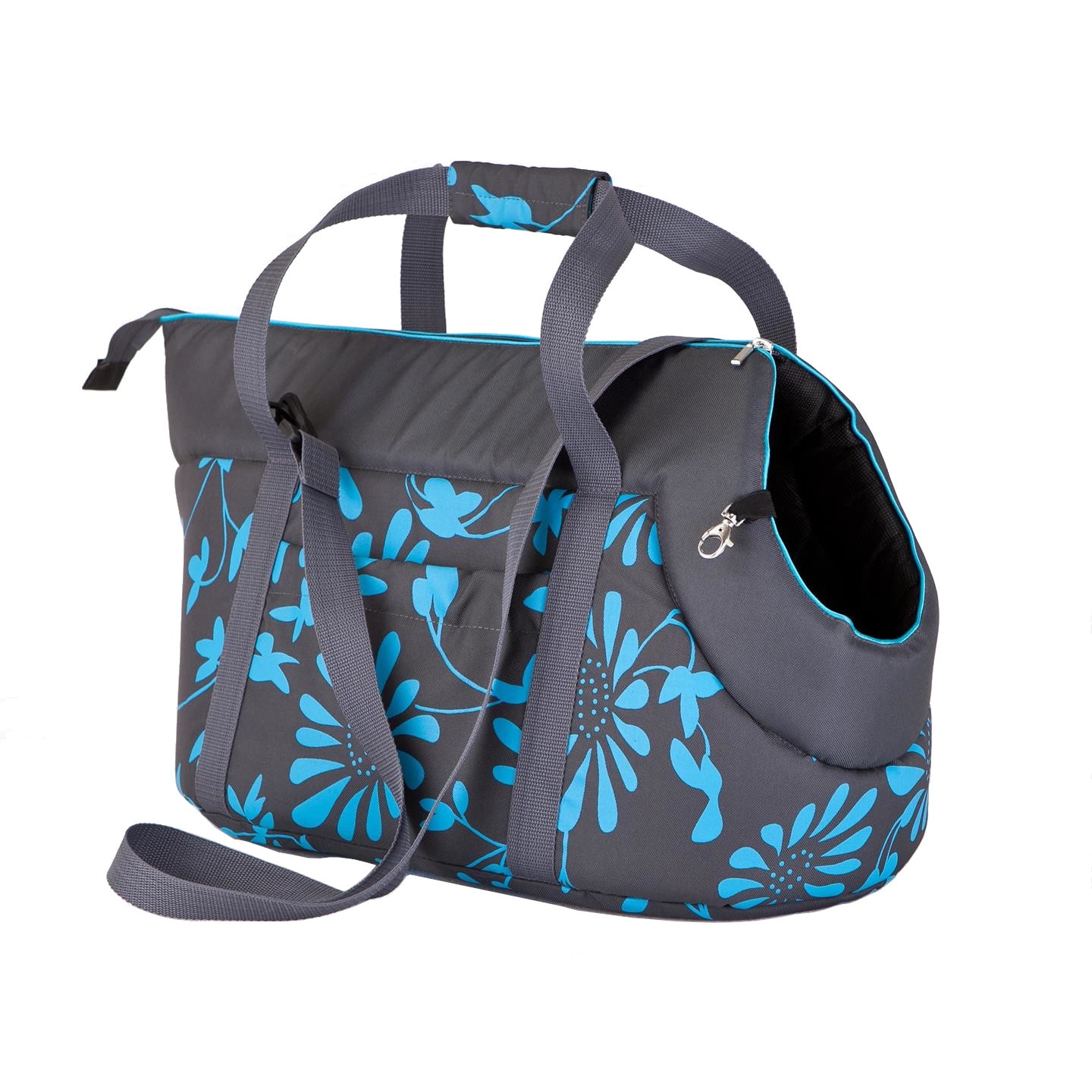 Geanta de transport, grafit si flori albastre, Hobbydog, 20x36x22 cm