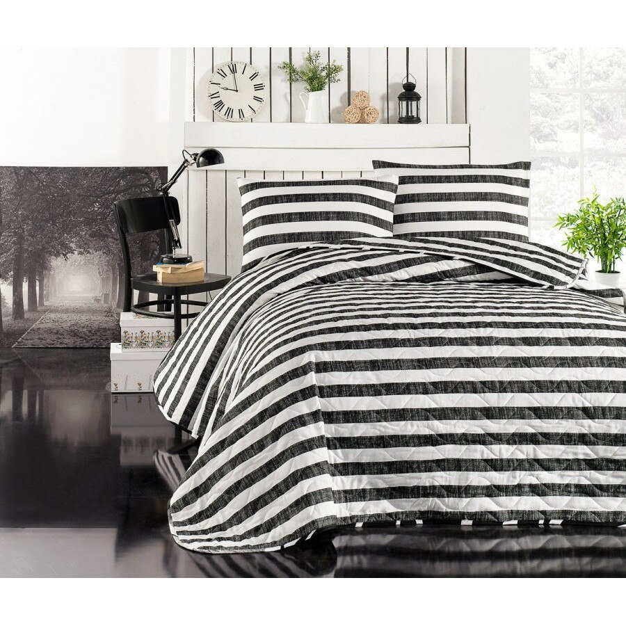 Cuvertura matlasata 160x220 cm + 1 fata de perna, Eponj Home,Hook - Negru/Alb