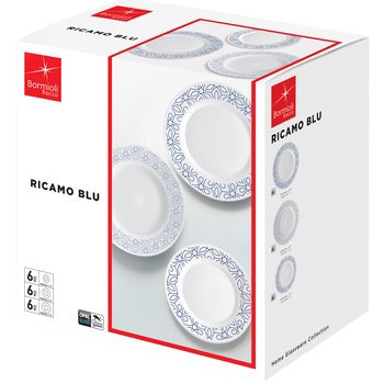 Serviciu de masa Bormioli Ricamo Blu, 18 piese,opal Serviciu de masa Bormioli Ricamo Blu, 18 piese,opal