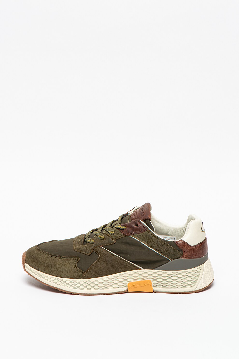 Replay, Pantofi sport cu insertii de piele, Verde militar/Maro, 44