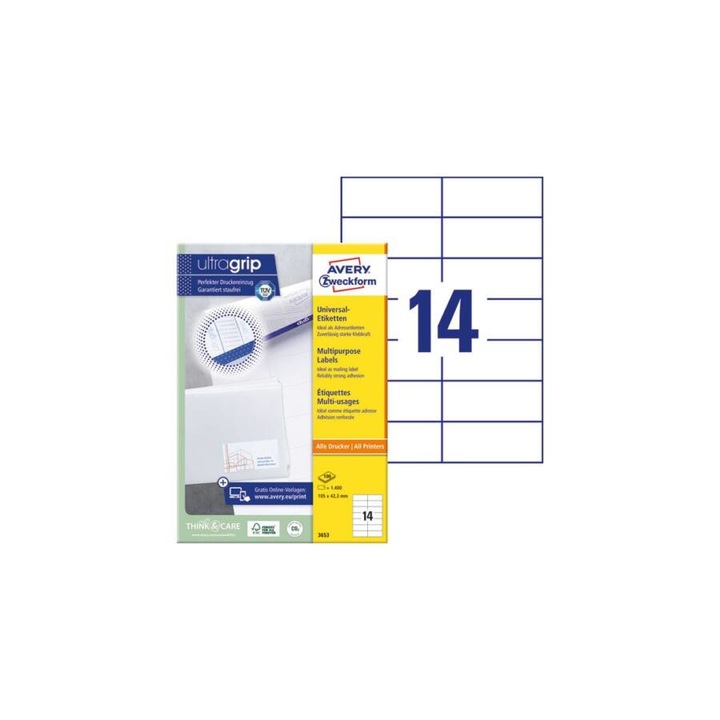 Etikett AVERY 3653 105x42,3mm univerzális 1400 címke/doboz 100 ív/doboz