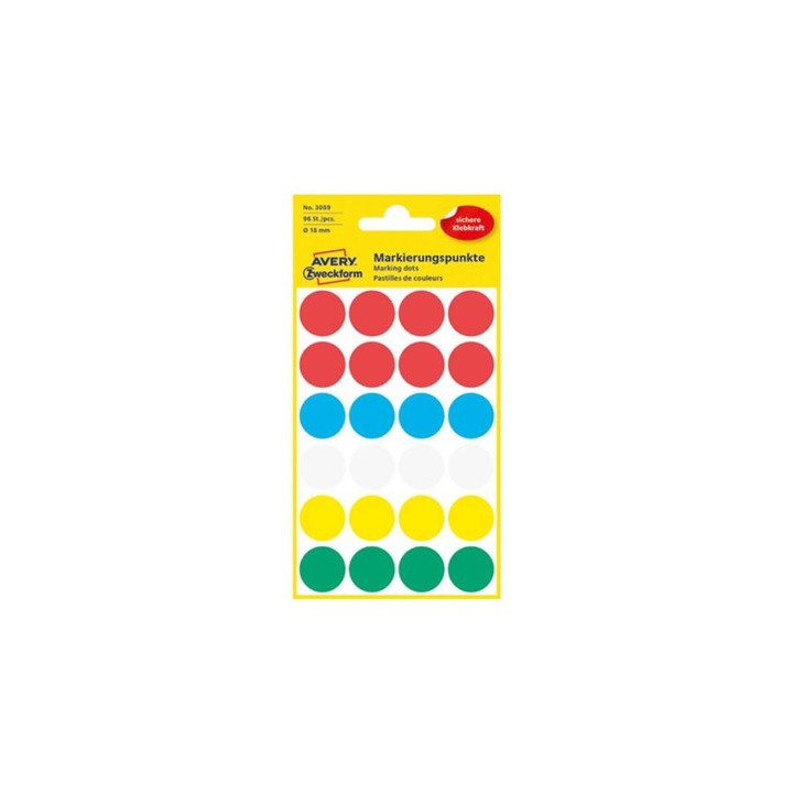Etikett AVERY 3089 öntapadó jelölőpont vegyes 5 szín 18 mm 96 jelölőpont/csomag