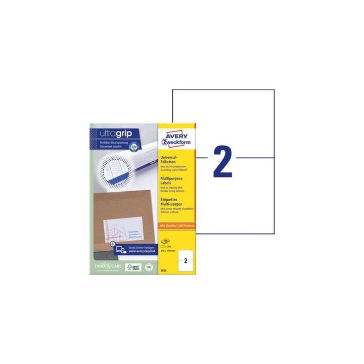 Etikett AVERY 3655 210x148mm univerzális 200 címke/doboz 100 ív/doboz